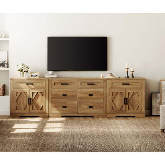 WAMPAT 110"W Large TV Stand,3-in-1 Farmhouse Entertainment Center with Storage Barn Door Cabinet,TV Console Table With Media Cabinet and Drawers for Living Room,Bedroom,Walnut