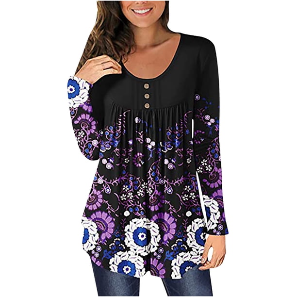 Pntutb moda mujer cuello redondo manga larga camiseta otoño estampado botón blusa suelta tops Pntutb Pntutb-5014