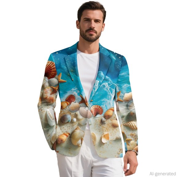HELLHERO Starfish and Seashell Pattern Casual Suits, One Button Mens Blazer Slim Fit Polyester Slim Fit Casual Blazer for Men Suit Jacket Sport Coat for Prom