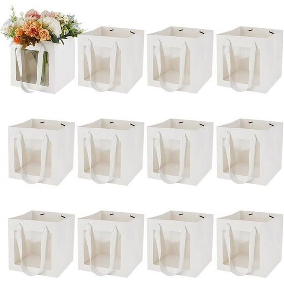 12 Pcs Kraft Paper Gift Bags with Transparent Window 7.8x7.8x7.8inch(20x20x20cm) White Gift Bags with Handles Kraft Shopping Bags for Gift Floral Candy Festival Wedding Party