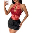 thumbnail image 3 of Top Corto de Encaje con Espalda Halter para Mujer, Estilo Cheongsam , con Cuello Halter Vino Tinto M, 3 of 10