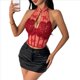 thumbnail image 3 of Top Corto de Encaje con Espalda Halter para Mujer, Estilo Cheongsam , con Cuello Halter Vino Tinto L, 3 of 10
