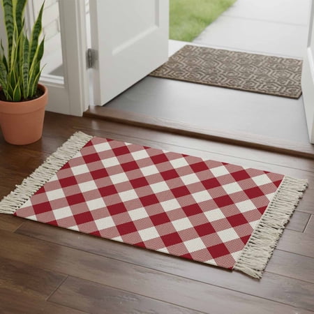 Kitchen Runner Rugs, Red and White Plaid 2'x3' Throw Rug with Tassels, Buffalo Check Tartan Washable Soft Floor Carpet Runner for Hallway Bedroom Bathroom Laundry Room
