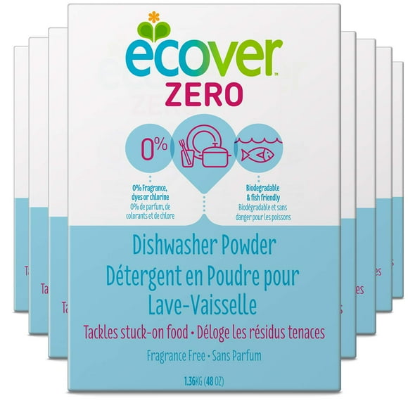 Ecover Zero, Savon en Poudre pour Lave-Vaisselle Automatique, Détergent pour Lave-Vaisselle Naturel et Biodégradable, Sans Parfum, Boîte de 1,36 kg, Pack de 8