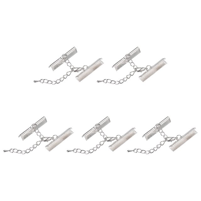Unique Bargains 10Set Ribbon Crimp Clamp Ends Lobster Claw Clasps & Chain 30mm Silver Tone for DIY