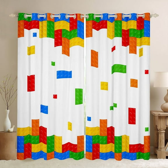 Feelyou Cartoon Square Geometric Black Out Curtains, Building Blocks Curtains Pack of 2 (42x63 Each), Kid Child Teenager Bedroom Curtains, Microfiber Bedroom Decor
