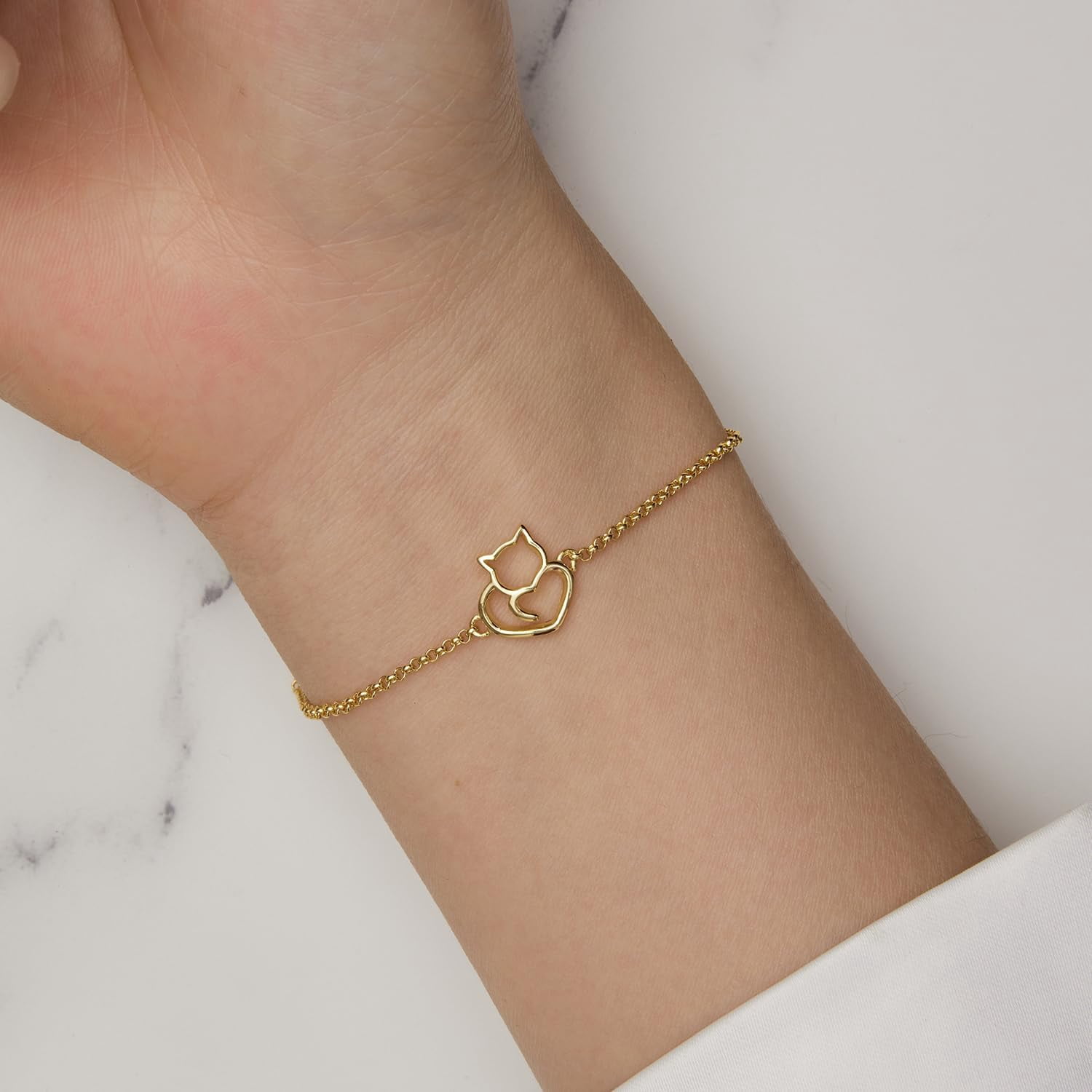 925 Sterling Silver Chain Bracelet with Cat Love Heart Charm Adjustable Plated Gold Bracelets with Chain Length 6.5in-7.9in, Best Jewelry Gift for Girls Women Cat Lovers