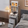 thumbnail image 5 of Spaco Vanity Desk with Sliding Mirror and LED Lights, Makeup Table with Charging Station and Storage Shelves, Compact Mini Corner Vanity Set with Hidden Storage Stool for Small Space, White, 5 of 15