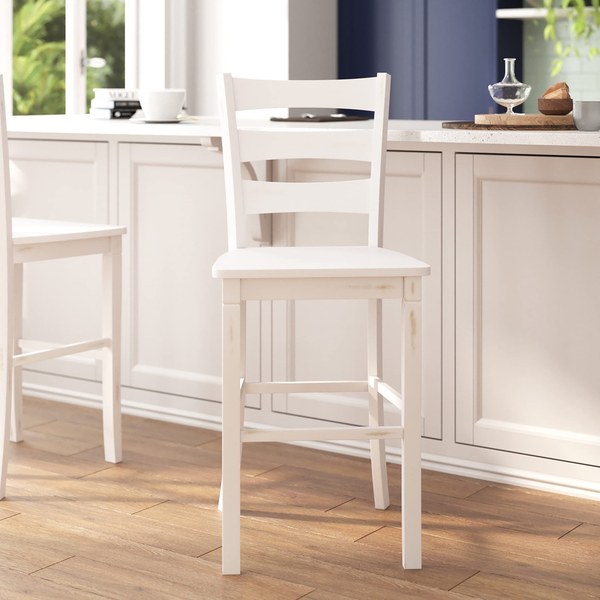 2 Piece Bar Stool, Slatted Design Back, White