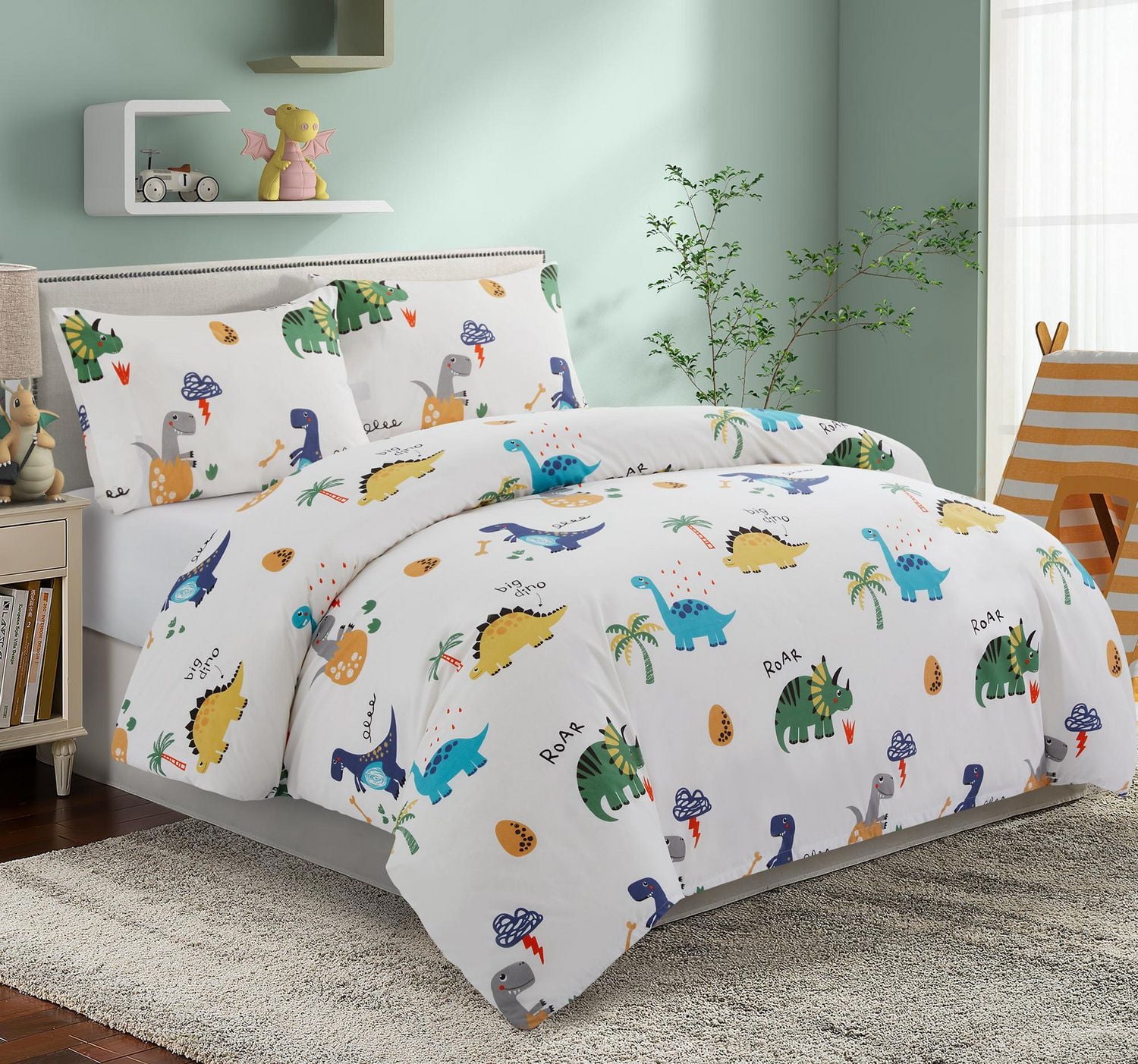 Marina Decoration Kids Boys Toddlers Cute Printed 600 Thread Count Soft Cotton Blend Percale Duvet Cover Fitted Sheet Ensemble Bedding Set, Cartoon Dinosaur Zoo Dino Pattern