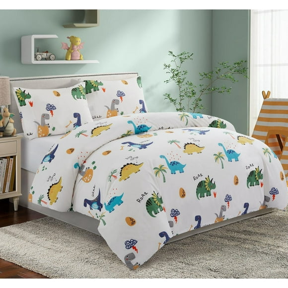 Literie Marina Décoration pour enfants, garçons et tout-petits, en percale de coton doux 600 fils, avec attache d'angle et fermeture à glissière, motif dinosaures et zoo