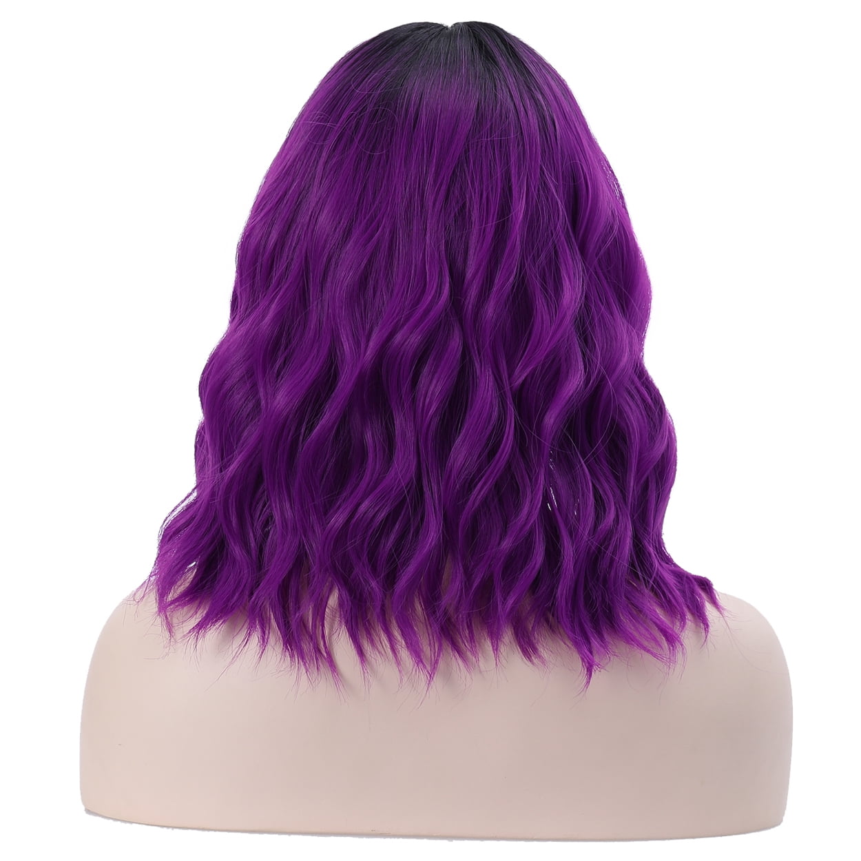 BERON Black Ombre Purple Wigs Short Curly Bob Wig with Bangs Wavy Hair Wigs 14 Inches Women's Synthetic Wigs Daily Party Use