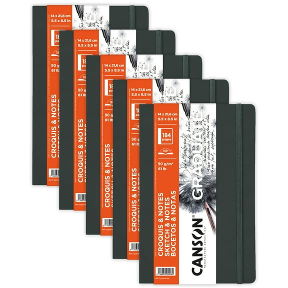 Canson Graduate Sketch & Notes Art Book, Dark Gray, Soft Cover Binding, 92 Sheet, 5.5x8.5 inch, Pack of 5