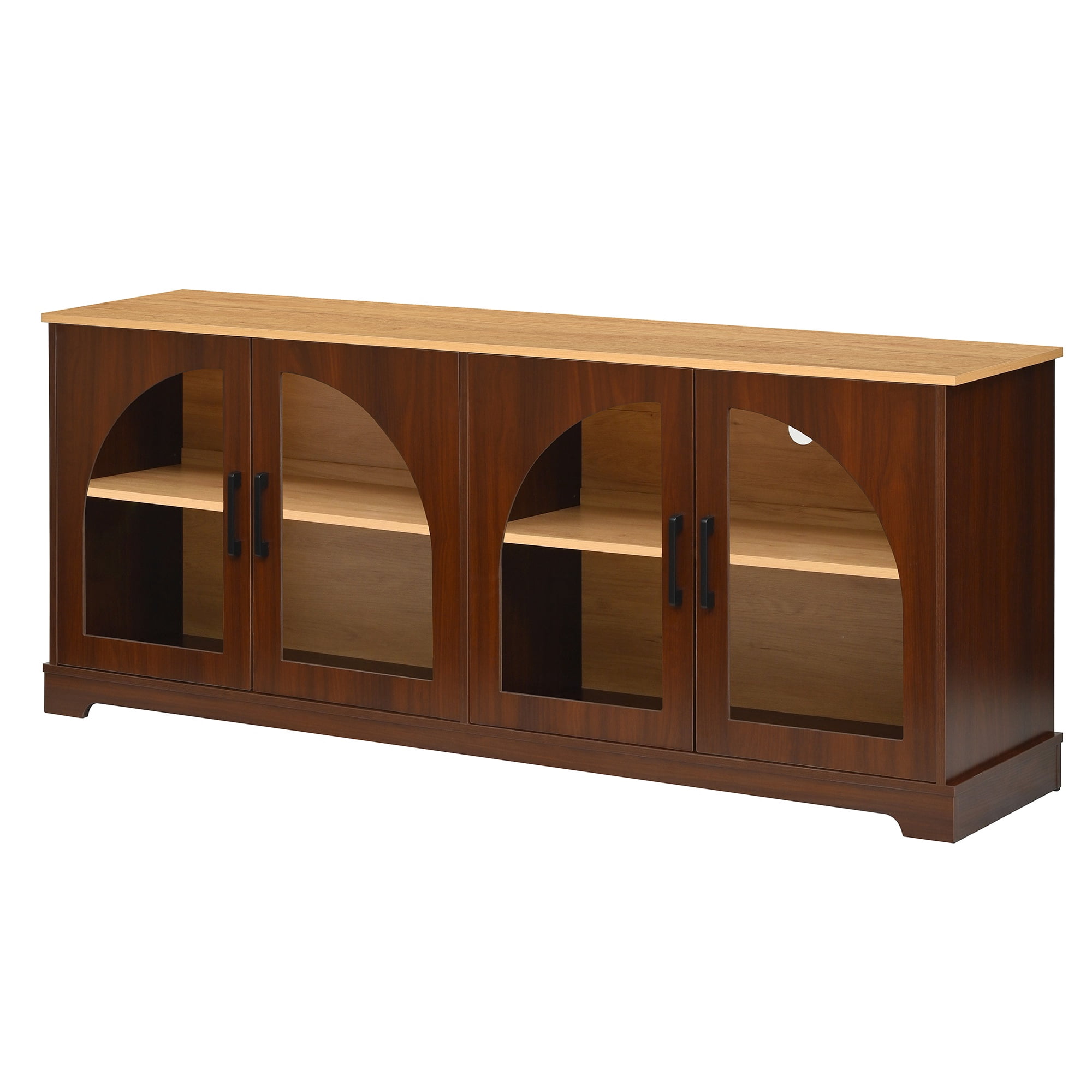 PORKISS Two-Tone TV Stand for 70", Vintage Media Console Cabinet with 4 Arched Tempered Glass Doors, Entertainment Center with Cable Management and Storage, Walnut