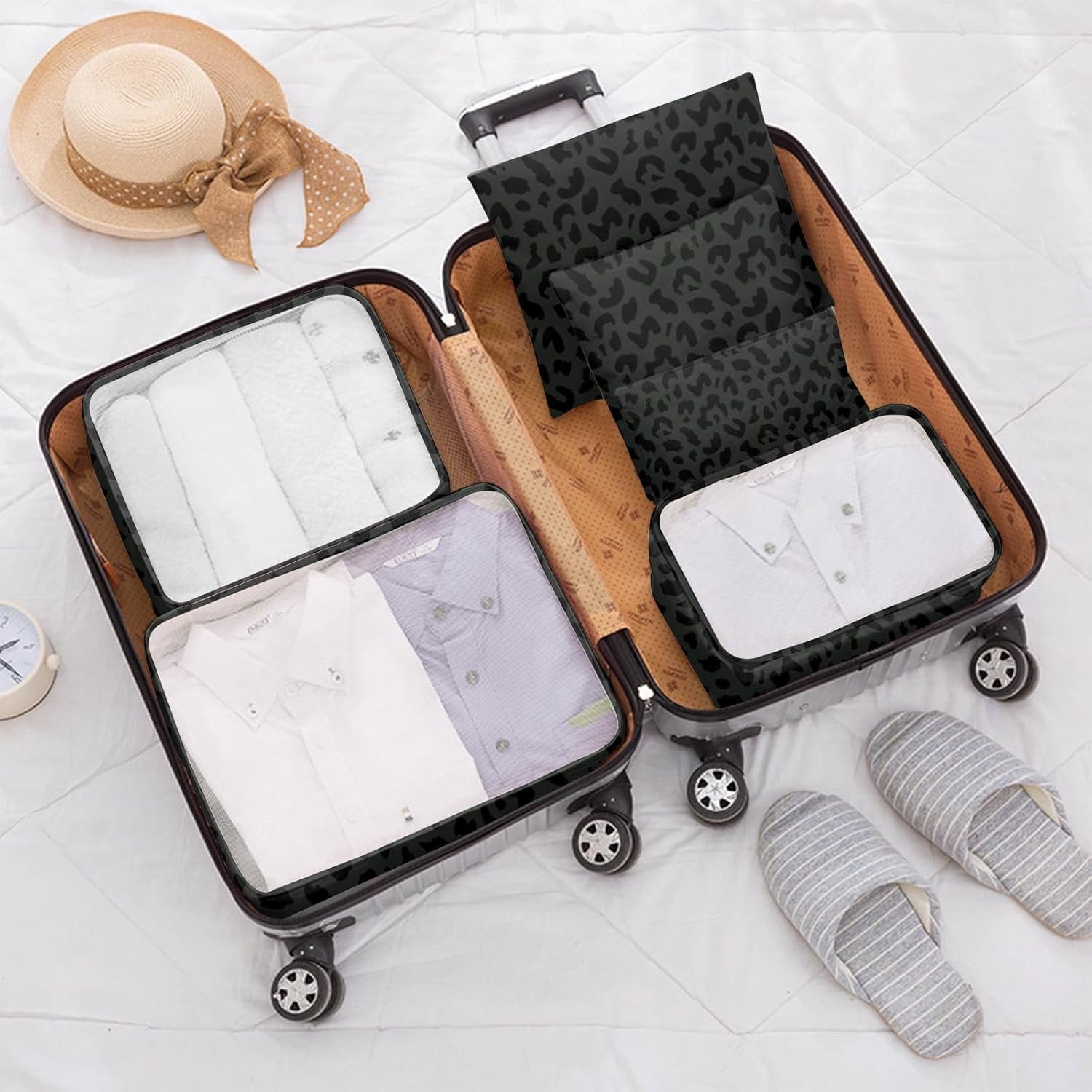 7 Set Packing Cubes Travel Luggage Organizers for Suitcase Travel Accessories with Shoe Bag for Women Girls Aesthetic Cute-Black Leopard