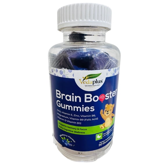 VedaPlus Brain Booster Gummies Ayurvedic Brain Support for Memory Focus Learning Cognitive Development Blueberry 30 Count