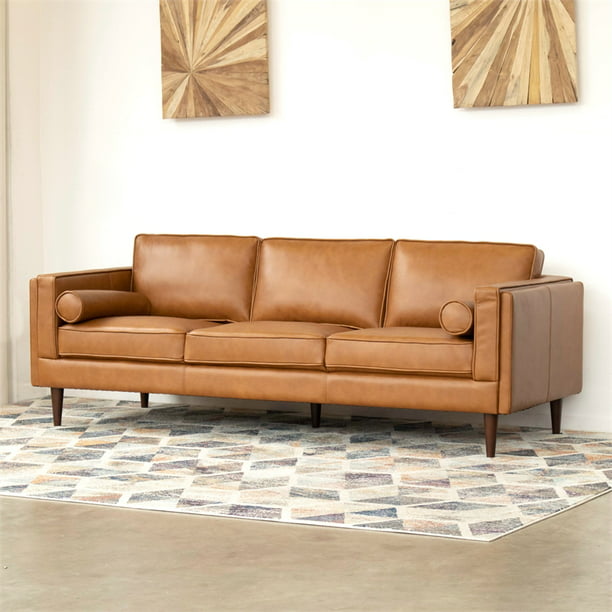 Mid Century Modern Felton Tan Full, Burnt Sienna Leather Sofa