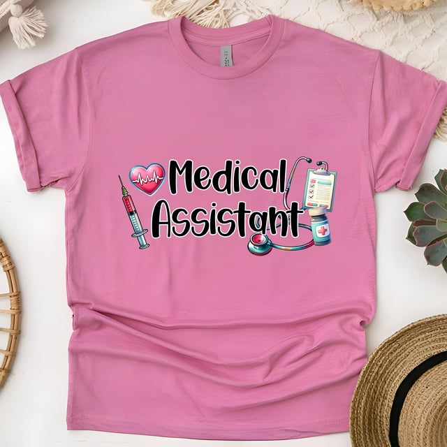 Medical Assistant Shirt | Stethoscope Syringe Healthcare Tee, Heliconia, Size 3XL