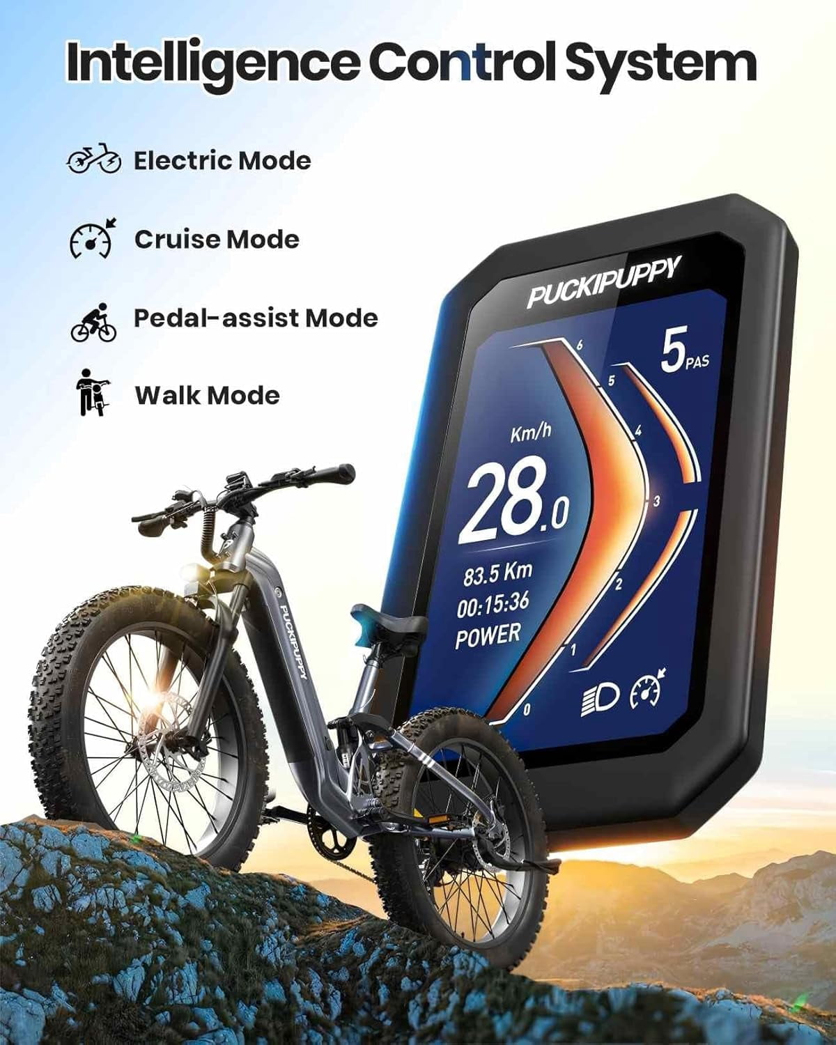 PUCKIPUPPY 26" Fat Tire Electric Bikes for Adults 28mph Top Speed 960W Peak 80Miles Max Range Full Suspension Step Through Ebike 48V 20AH Battery 7 Speed E-Mountain Bike, Comply with UL2849 By SGS
