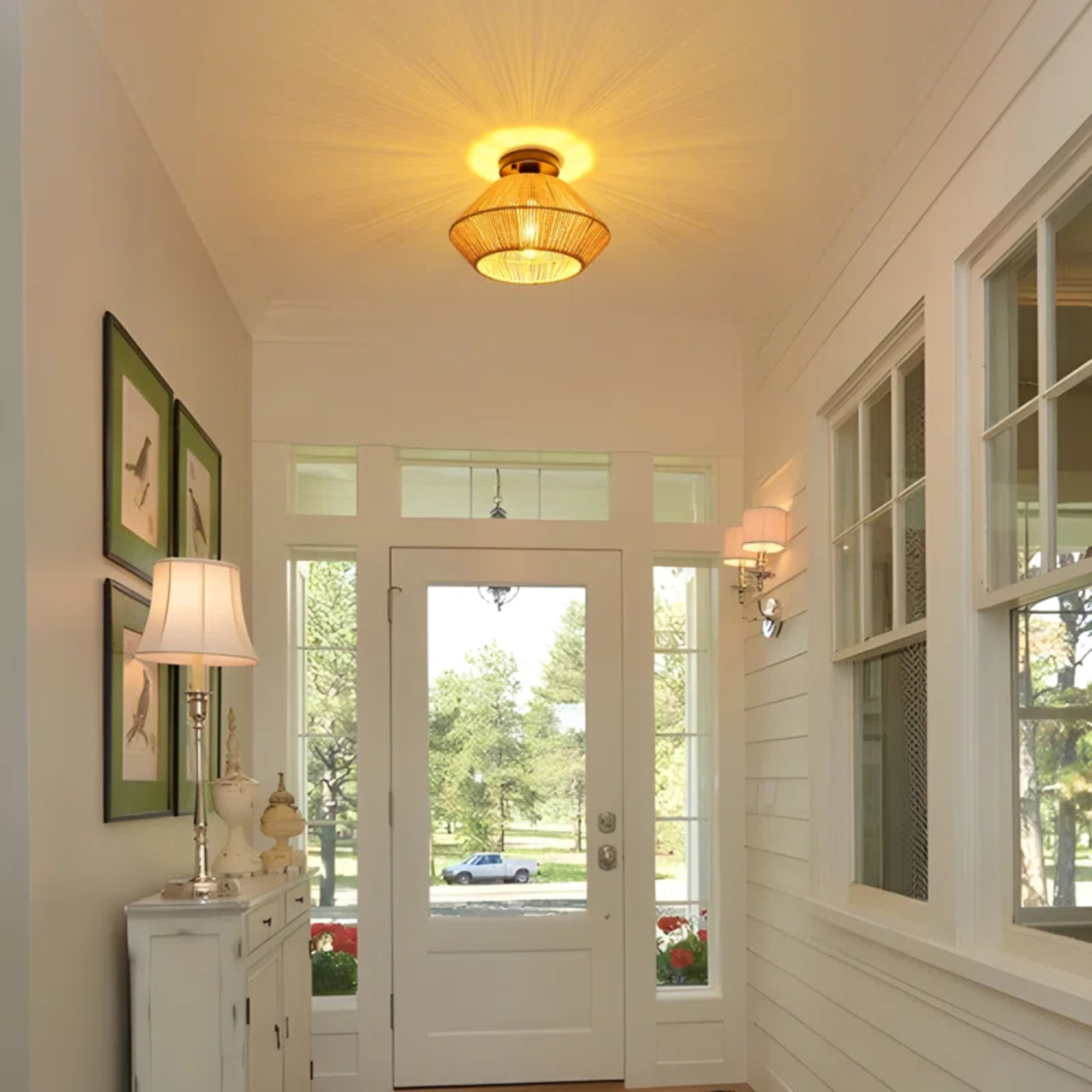 MultiEase Boho Ceiling Light Fixtures: Mini Rattan Chandelier - Woven Flush Mount Ceiling Lamp for Hallway Bedroom Kitchen Entryway Living Room