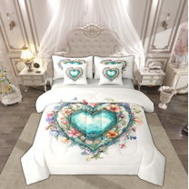 Manfei Vintage Cyan Love Heart Twin Bedding Sets 7-Piece, Western Rustic Flower Bedding Comforter Set, Teen Kid Child Adult Reversible Sheet Sets, Super Cozy Room Decor
