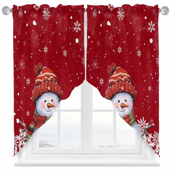 Swag Curtains Valances for Windows, Red Christmas Snowman Short Kitchen Window Curtains Over Sink, Winter Snowflakes Cafe Curtains Panel Set Of 2,Rod Pocket, 63 Inches Length