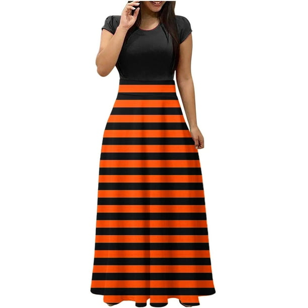 Vestido largo colorido con estampado de Halloween para mujer, vestidos estampados de manga corta, vestido playero informal Maxi Pompotops ghjkhdj13781