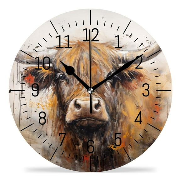 erolrail Rustic Wall Clock,Silent Non Ticking Wall Clocks for Living Room,Bedroom,Kitchen 12IN Watercolor Highland Cow Beautiful