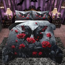 Homewish Spooky Gothic Butterflies Bedding Comforter Set,Romantic Valentines Day Twin Comforter Sets,Red Rose Floral Bedding Set For Men Women,Ultra Soft Home Decor Reversible,2pcs