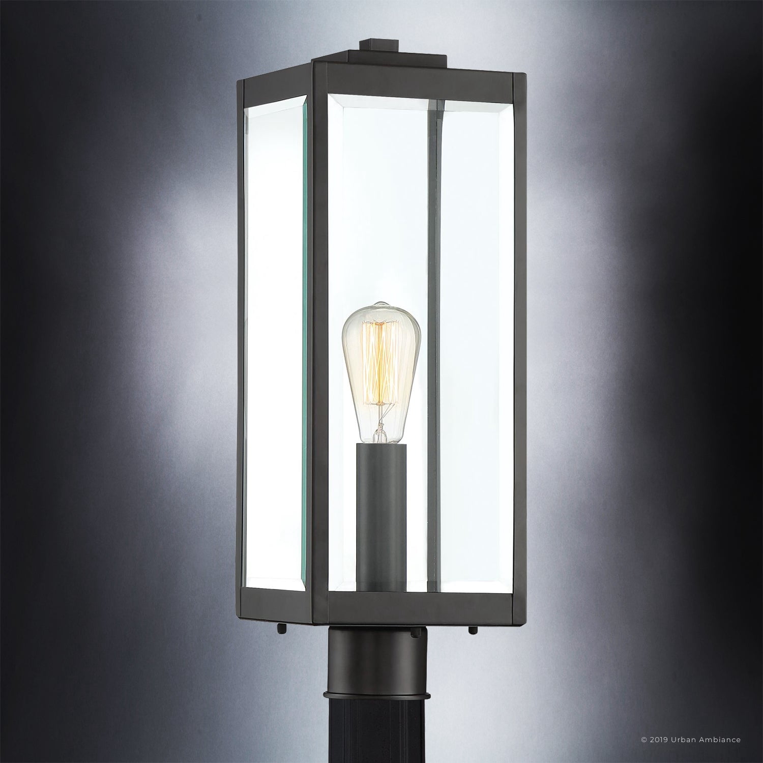 Luxury Modern Farmhouse Outdoor Post Light, 20.50''H x 7.00''W, with Industrial Style Elements, Minimalist Design, Natural Black Finish and Clear Glass Panel With Beveled Edge, UQL1333