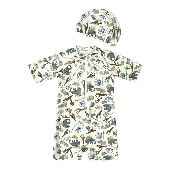 Hienoo Toddler Boys Long Sleeve Zip-Up Rash Guard One-Piece Swimsuit UPF 50  Quick Dry Bathing Suit with Hat