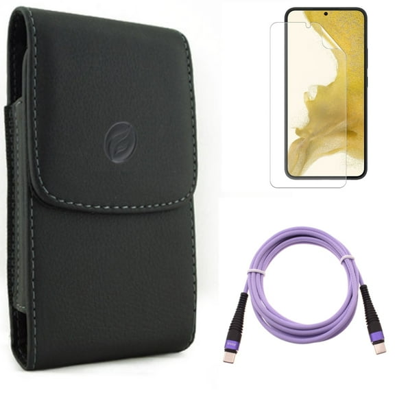Matte Screen Protector & Case Belt Clip & Purple 6ft PD Cable for Samsung Galaxy S22 (6.1") - TPU Film Anti-Glare & Leather Holster & Type-C to USB-C Long Charger Cord Accessory Bundle