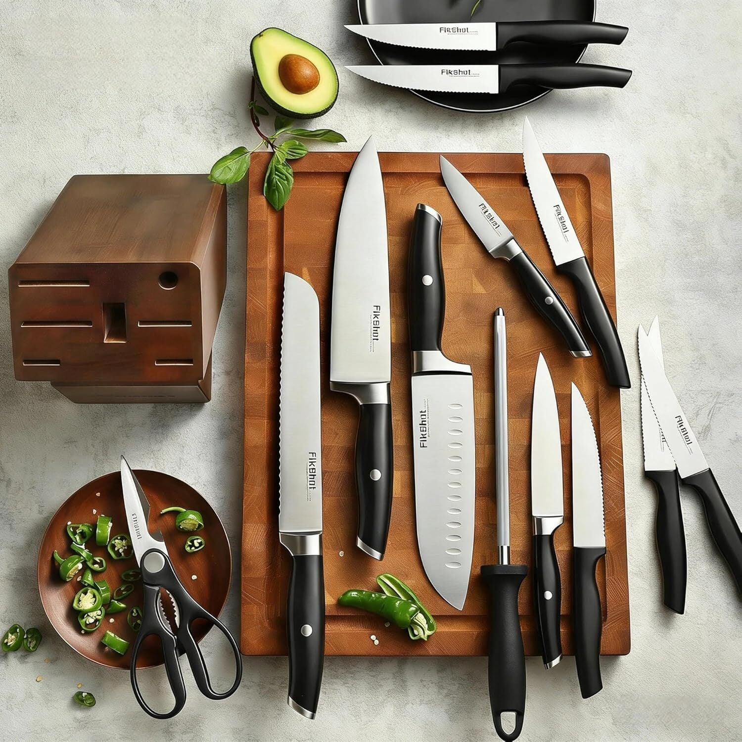 FIKSHOT 14-Piece Kitchen Knife Set with Built-in Sharpener, Professional White Stainless Steel Chef Knives, Dishwasher Safe