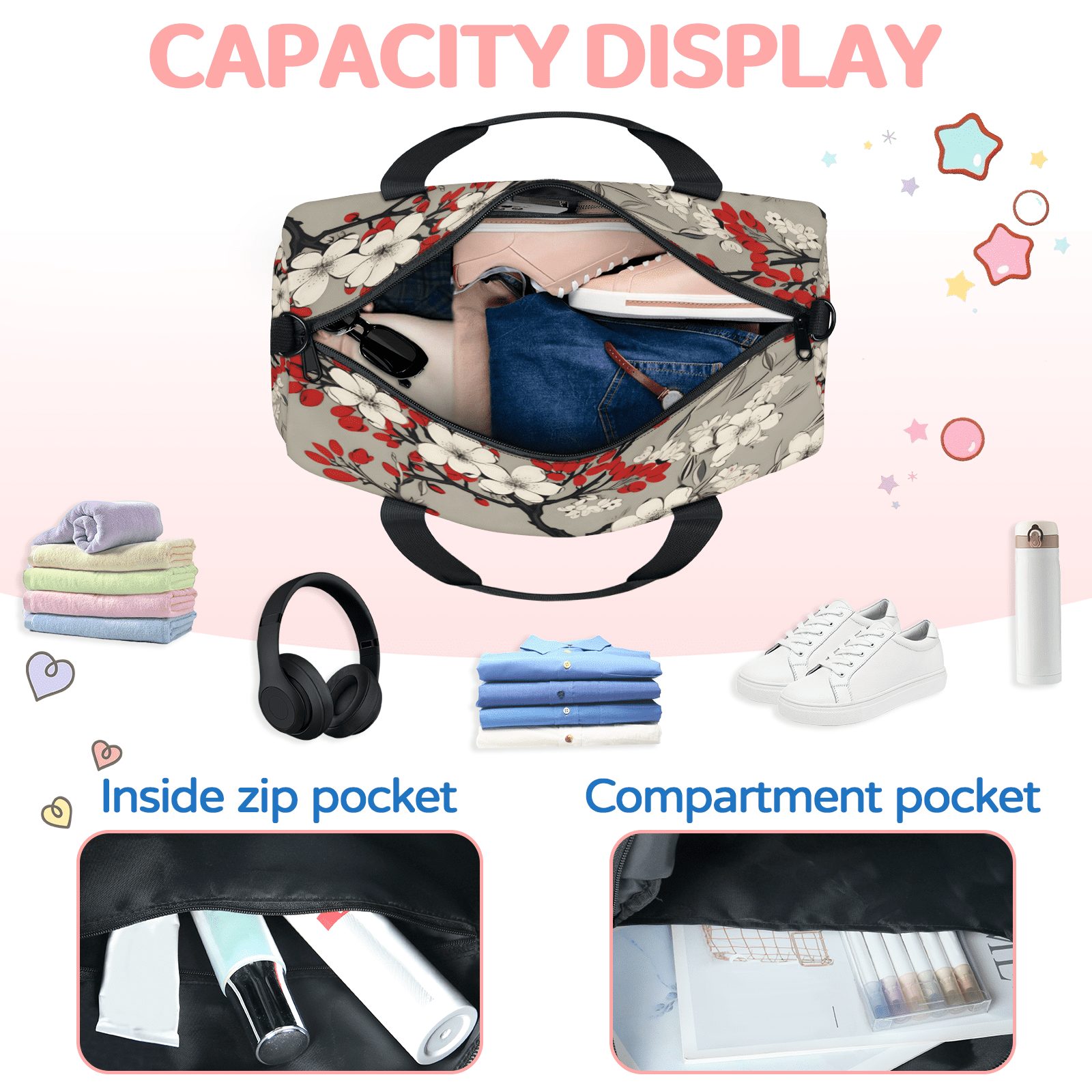 Herdesigns Japanese Cherry Blossom Gym Bag for Women, Duffle Bag for Travel Sport, Lightweight Waterproof Carry on Weekender Overnight Dance Yoga Workout Bags