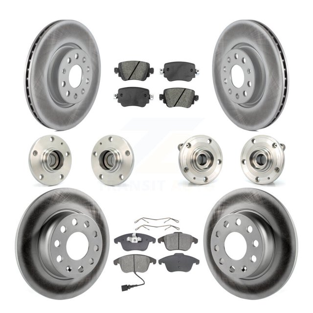 Transit Auto Front Rear Hub Bearings Assembly Coated Disc Brake Rotors and Semi-Metallic Pads Kit (10Pc) for Car Volkswagen Passat - Left Right Side (Driver Passenger) KBB-112061