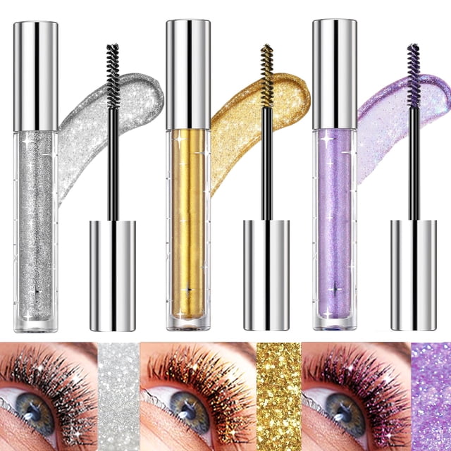 Bekoeen 3PCS Máscara de pestañas con purpurina Sombra de ojos Alargamiento Voluminizador Máscara de colores Diamantes brillantes Máscara de diamantes plateados Pestañas coloridas impermeables para pes