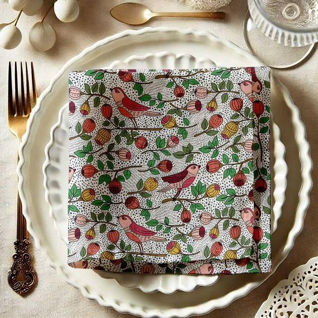 Vargottam Premium Cotton Muslin Napkins - Set of 12, 20-Inch Serene Green Hues Perched In Paradise Print, Soft and Absorbent Cloth Napkins for Dining, Decor, Weddings, Occasions, Table Linens