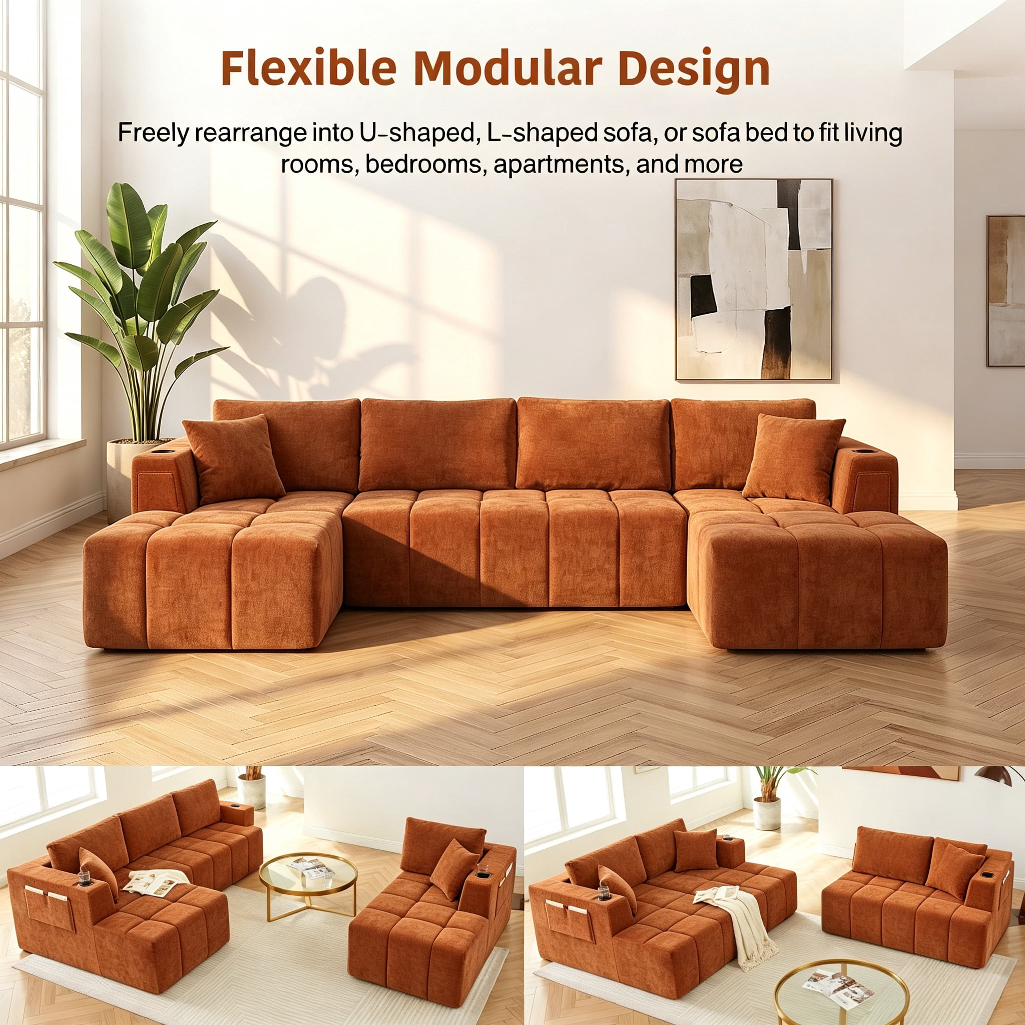 ShiKeyi 132.5" Modern U-Shaped Modular Sectional Sofa with Double Chaise, Premium Chenille Fabric Cloud Couch Set with Cup Holders & Storage Pockets for Living Room, Orange