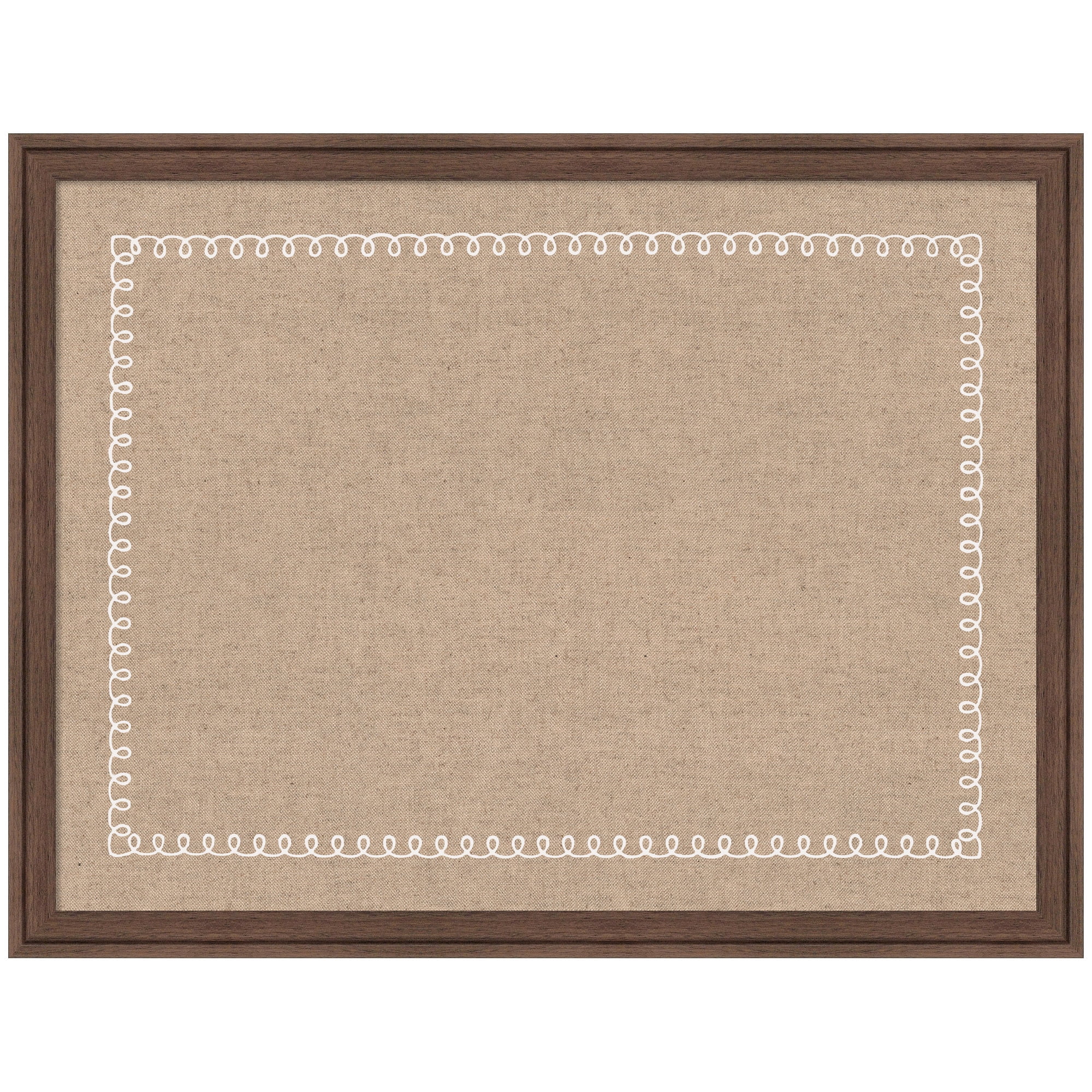 Kate and Laurel Framed Fabric Pinboard 26 x 20, White Scalloped Edge Printed Linen Classic Bulletin Board for Use as a Vision Board or Wall Organization, Florence Medium Brown Frame