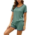 thumbnail image 5 of WIZUTIZ Women's Solid Color Crew Neck Short Sleeve Shorts Pajama Set Soft Modal Cotton Loungewear Comfy Sleepwear Casual 2 Piece Lounge Set, 5 of 6