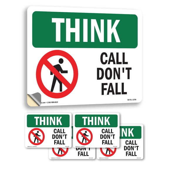 Call Don't Fall With Symbol OSHA Think Vinyl Decal Label 7 Inch x 5 Inch - 5 Pack