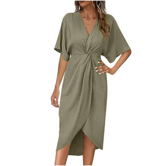 CHGBMOK Women Dress V Neck Short Sleeve Stain Dress Twist Front Split Hem Midi Dress with Belt Wedding Guest Party Formal Dress