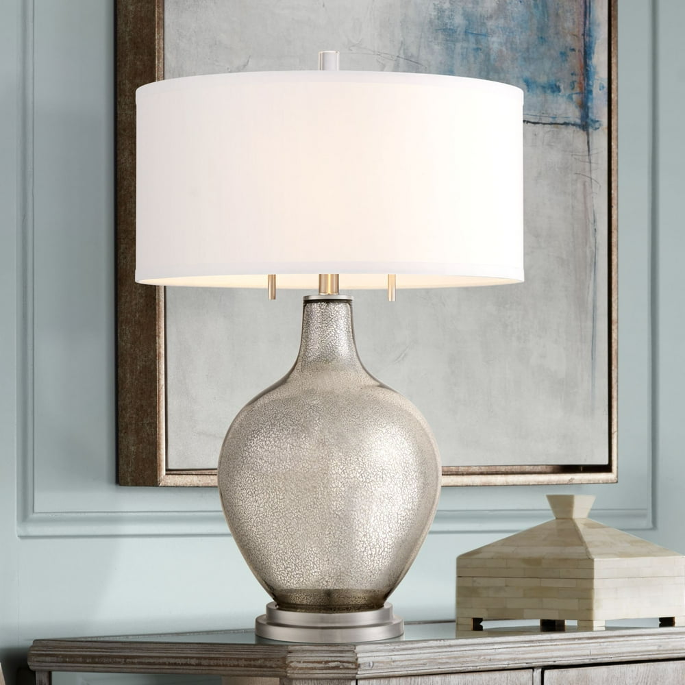 Possini Euro Design Modern Table Lamp Silver Mercury Glass White Drum