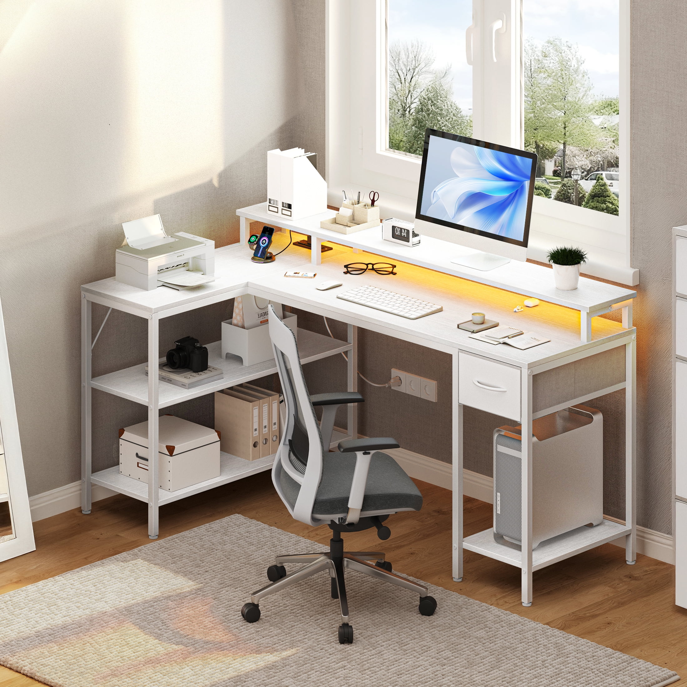 EDX 53 Inch L Shaped Gaming Desk with Power Outlet & LED Light, Reversible Computer Desk with Shelves & Monitor Stand, Corner Desk with Drawer for Home Office, White