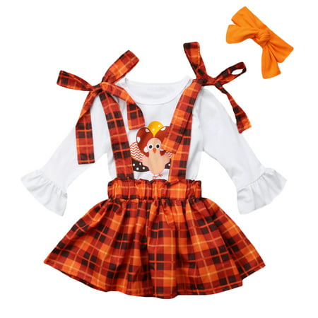 Thanksgiving Turkey Baby Girl Plaid Strap Skirt Dress Long Sleeve Top Outfits with Hairband