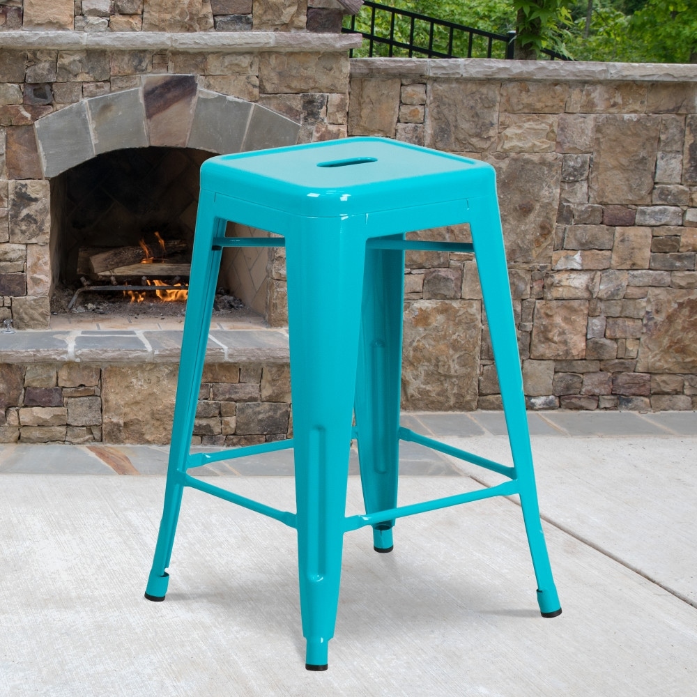 Flash Furniture 24" High Backless Metal Indoor-Outdoor Counter Height Stool w/Square Seat Crystal Teal-Blue - image 2 of 5