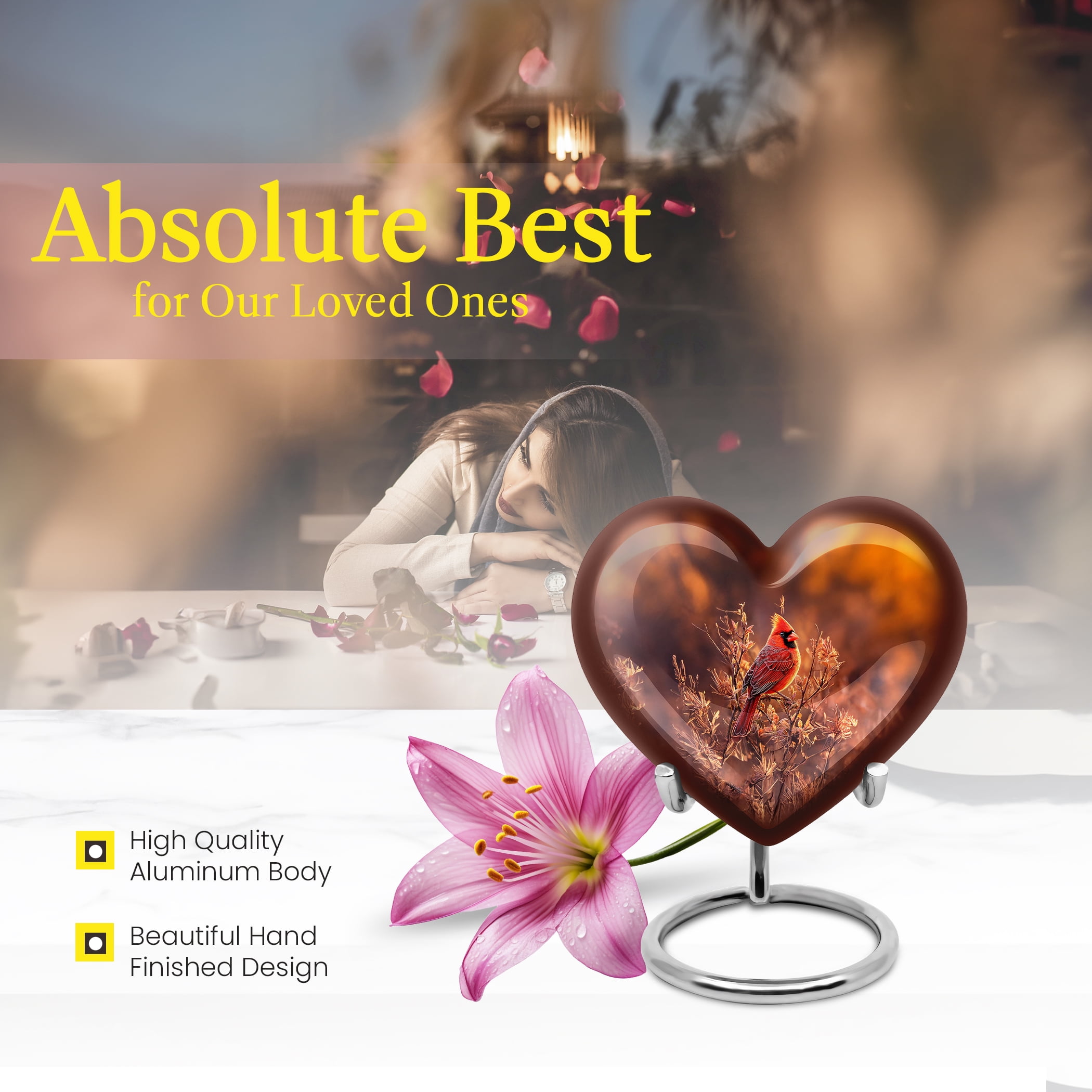 MUKTIVE Cardinal Bird Urns for Human Ashes Adult for Burial - Keepsake Heart Cremation Urn for Funeral, Memorial - Brown Adult Urns for Human Ashes - Bird 3 Inch Cremains for Women & Men