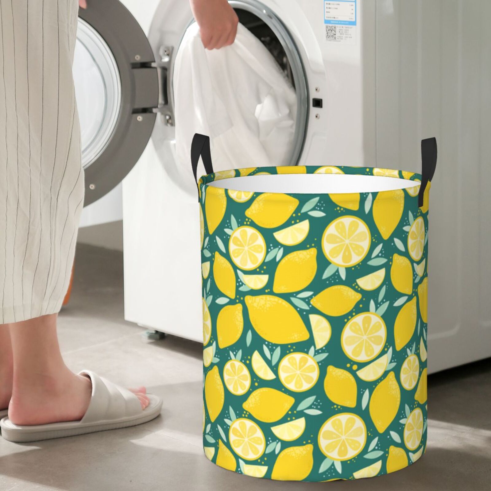 Large Laundry Basket with Handles - cartoon Lemon leaves print Kids Baby Dirty Clothes Laundry Hamper for Bedroom Aesthetic