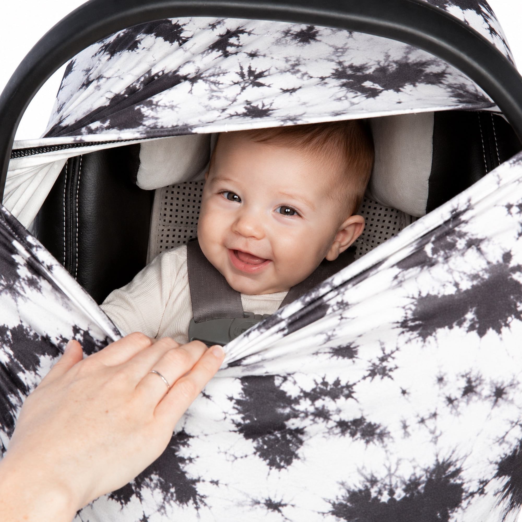 Baby Car Seat Cover & Nursing Cover, Stretchy 5-in-1 Breastfeeding Canopy with Carry Pouch, Black Tie-Dye