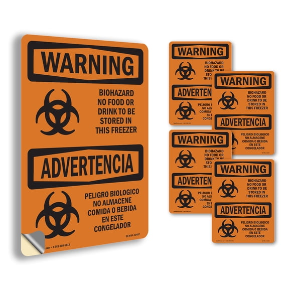 Biohazard No Food Or Drink Bilingual OSHA WARNING Vinyl Decal Label 14 Inch x 10 Inch - 5 Pack